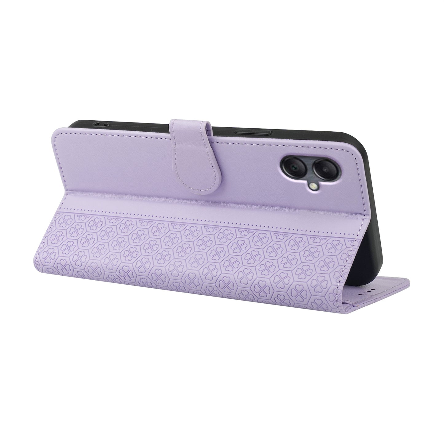 For Samsung Galaxy A06 Case Magnetic Clasp Four-Leaf Clover Leather Phone Cover - Light Purple