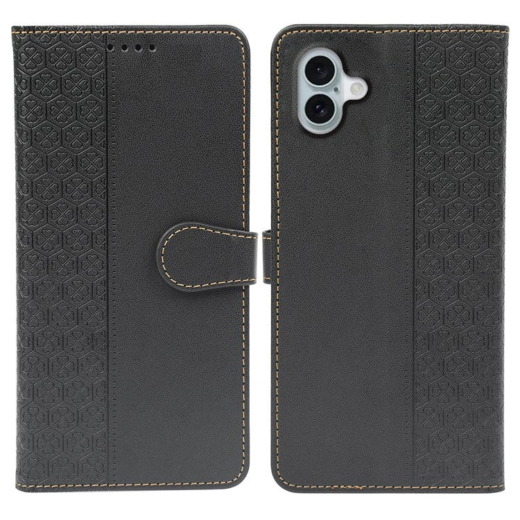 For iPhone 16 Case Magnetic Clasp Four-Leaf Clover Leather Phone Cover - Black