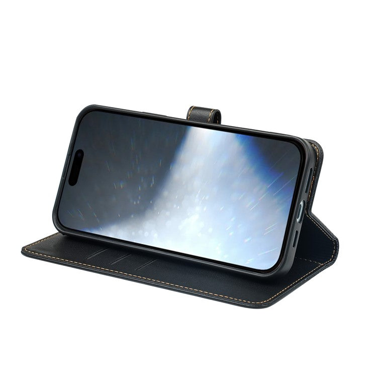 For iPhone 16 Case Magnetic Clasp Four-Leaf Clover Leather Phone Cover - Black