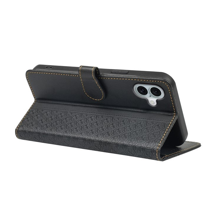 For iPhone 16 Case Magnetic Clasp Four-Leaf Clover Leather Phone Cover - Black