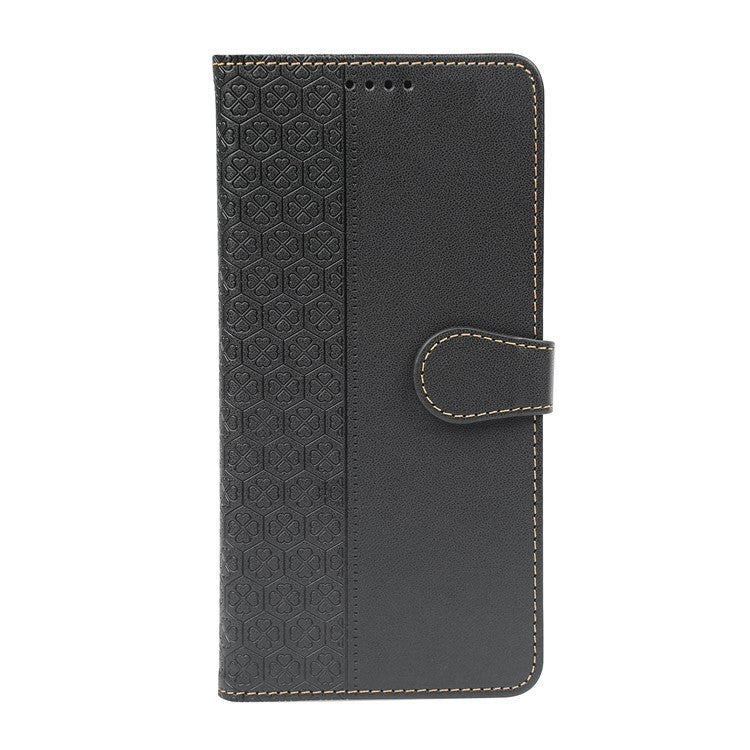 For iPhone 16 Case Magnetic Clasp Four-Leaf Clover Leather Phone Cover - Black
