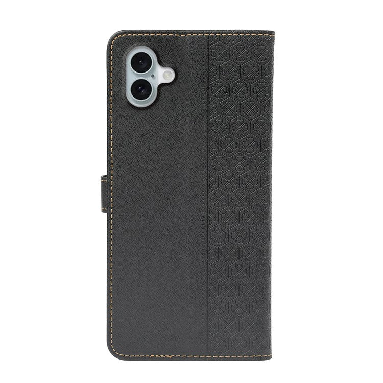 For iPhone 16 Case Magnetic Clasp Four-Leaf Clover Leather Phone Cover - Black