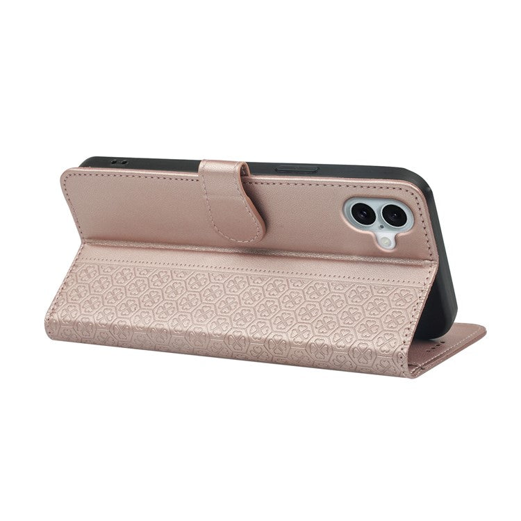 For iPhone 16 Plus Case Magnetic Clasp Four-Leaf Clover Leather Phone Cover - Rose Gold