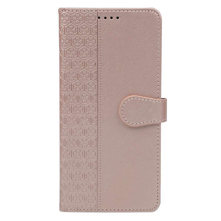 For iPhone 16 Plus Case Magnetic Clasp Four-Leaf Clover Leather Phone Cover - Rose Gold
