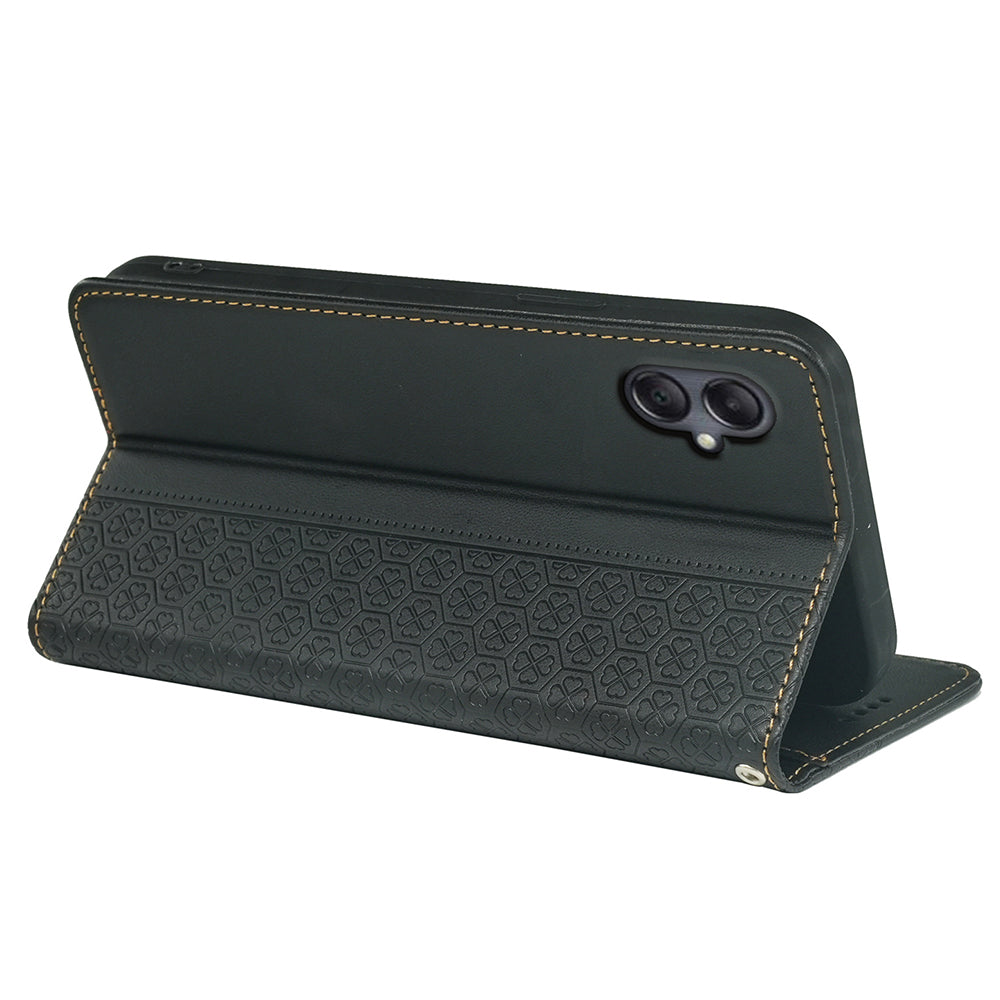 For Samsung Galaxy A06 Case Four-Leaf Clover Leather Flip Phone Cover Stand Wallet - Black