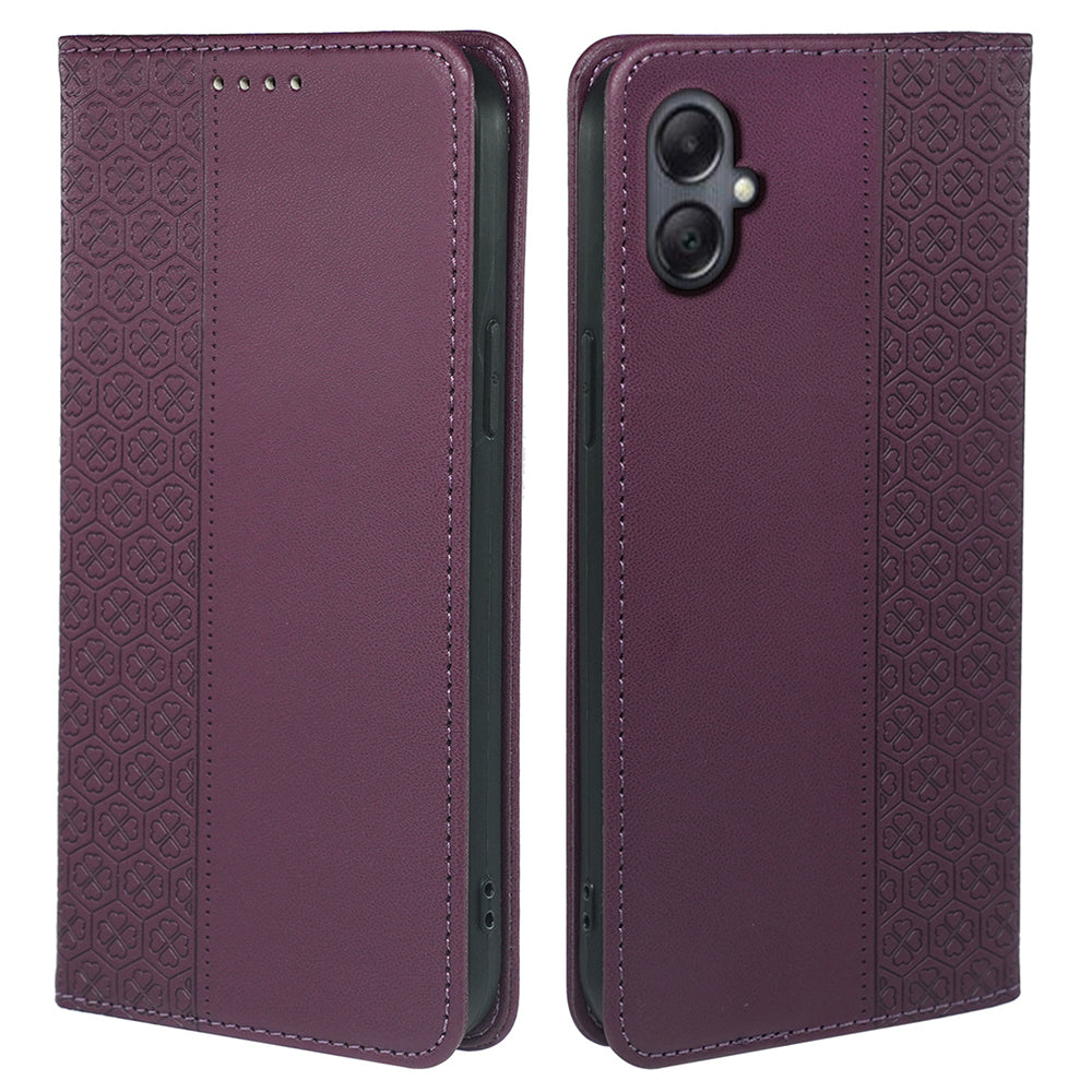 For Samsung Galaxy A06 Case Four-Leaf Clover Leather Flip Phone Cover Stand Wallet - Dark Purple