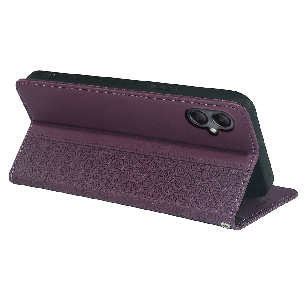 For Samsung Galaxy A06 Case Four-Leaf Clover Leather Flip Phone Cover Stand Wallet - Dark Purple