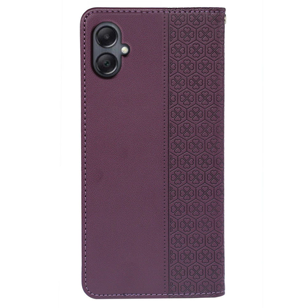 For Samsung Galaxy A06 Case Four-Leaf Clover Leather Flip Phone Cover Stand Wallet - Dark Purple