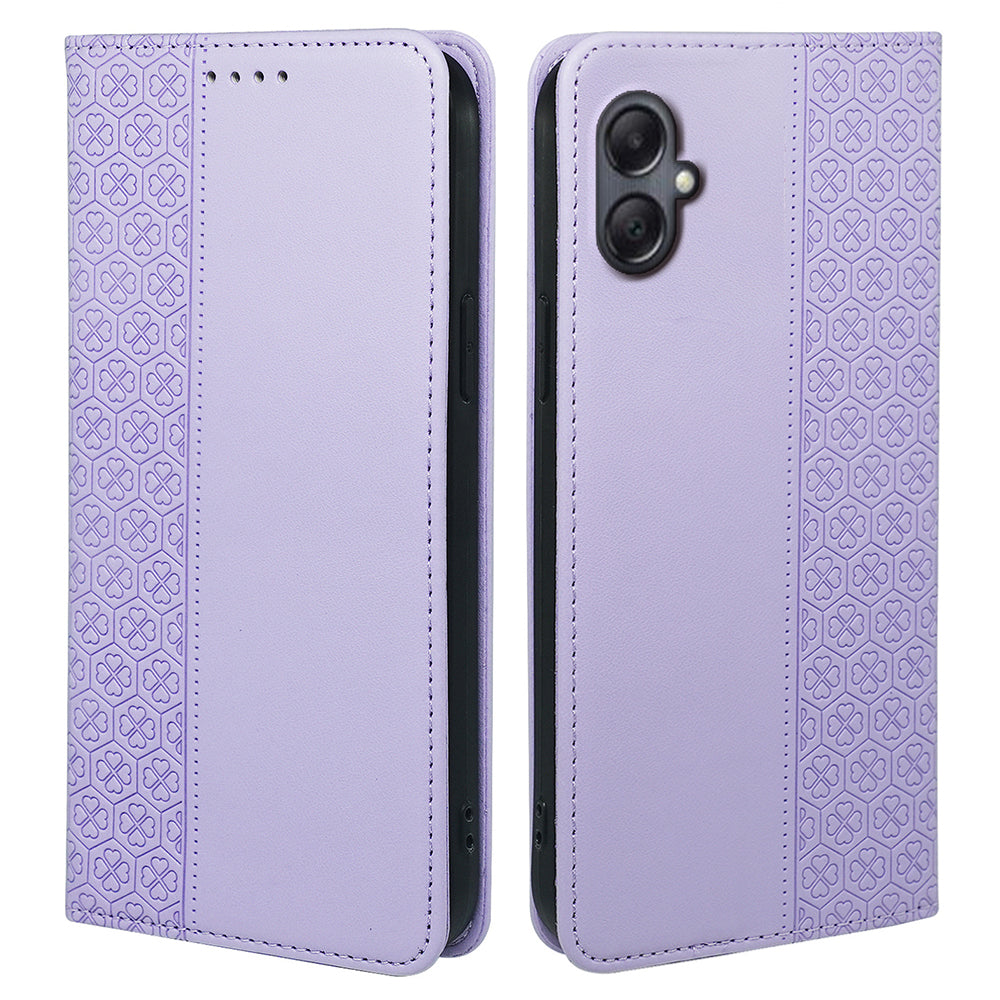 For Samsung Galaxy A06 Case Four-Leaf Clover Leather Flip Phone Cover Stand Wallet - Light Purple
