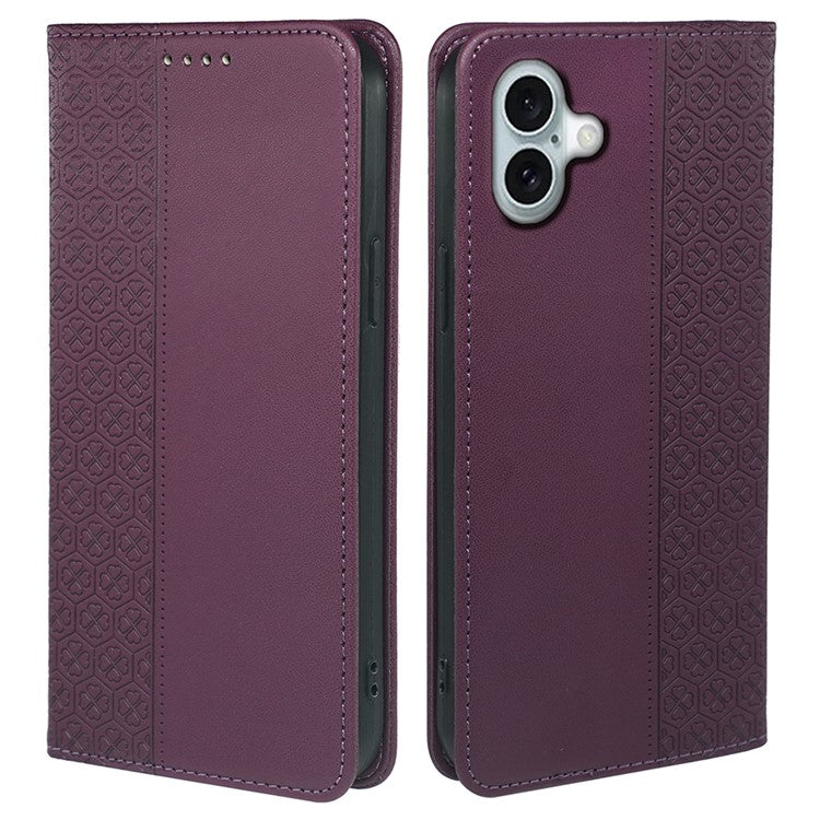 For iPhone 16 Case Four-Leaf Clover Leather Flip Phone Cover Stand Wallet - Dark Purple