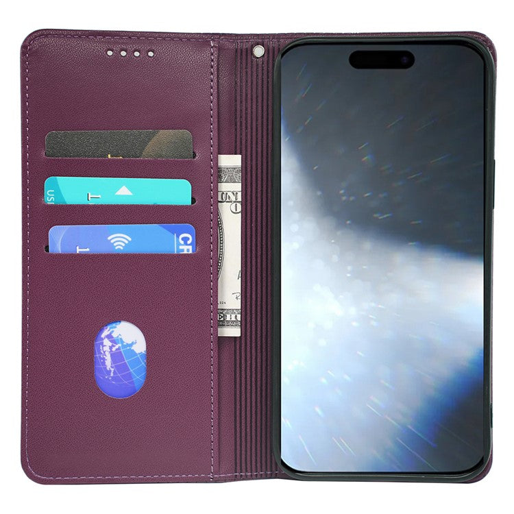 For iPhone 16 Case Four-Leaf Clover Leather Flip Phone Cover Stand Wallet - Dark Purple