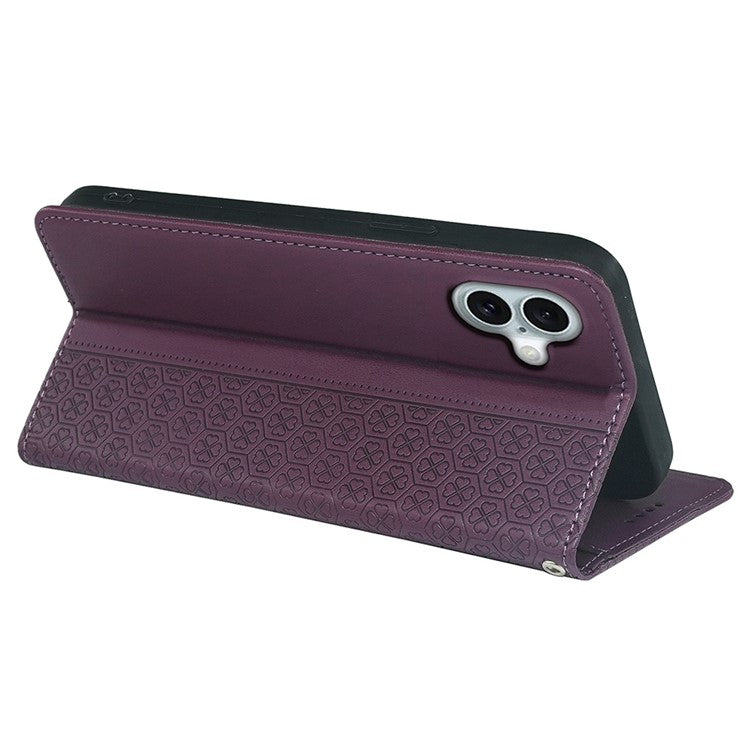 For iPhone 16 Case Four-Leaf Clover Leather Flip Phone Cover Stand Wallet - Dark Purple