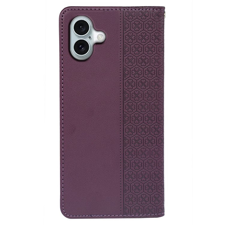 For iPhone 16 Case Four-Leaf Clover Leather Flip Phone Cover Stand Wallet - Dark Purple