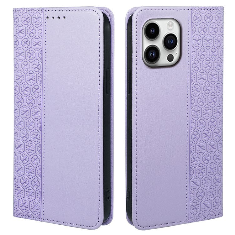 For iPhone 16 Pro Case Four-Leaf Clover Leather Flip Phone Cover Stand Wallet - Light Purple