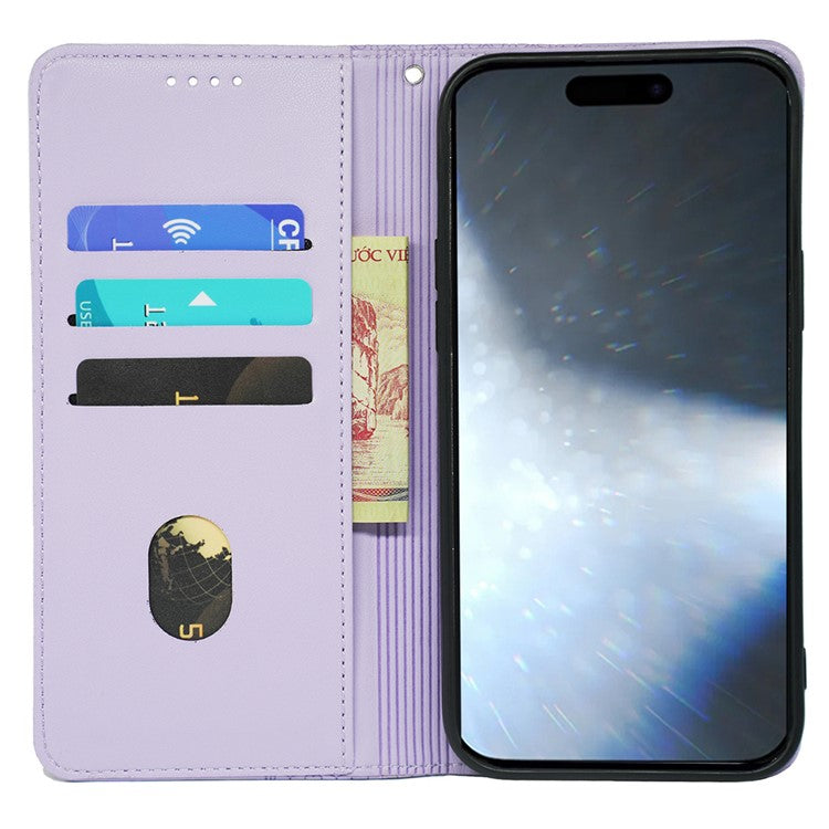 For iPhone 16 Pro Case Four-Leaf Clover Leather Flip Phone Cover Stand Wallet - Light Purple