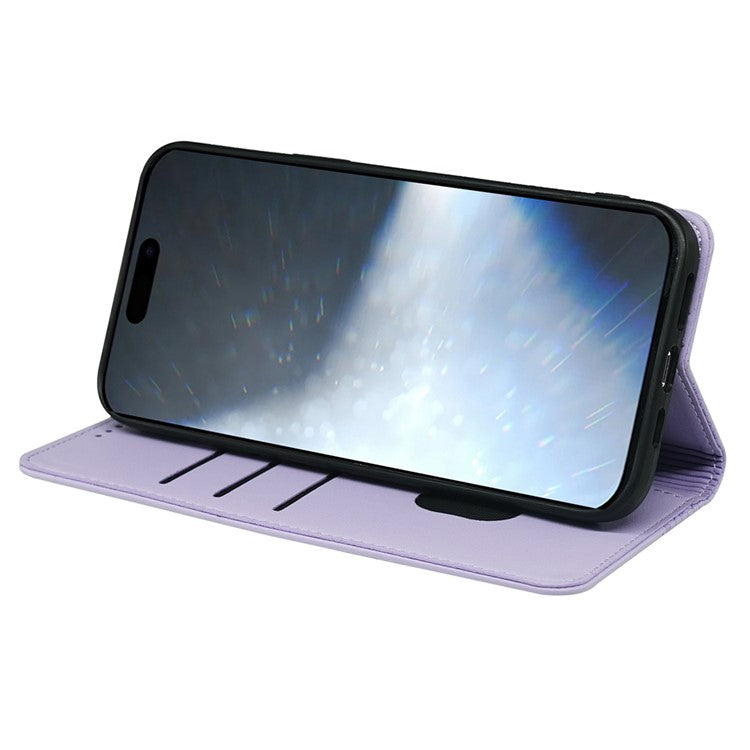 For iPhone 16 Pro Case Four-Leaf Clover Leather Flip Phone Cover Stand Wallet - Light Purple