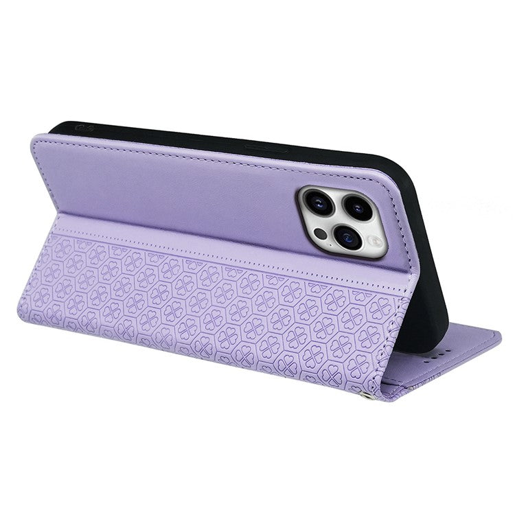 For iPhone 16 Pro Case Four-Leaf Clover Leather Flip Phone Cover Stand Wallet - Light Purple