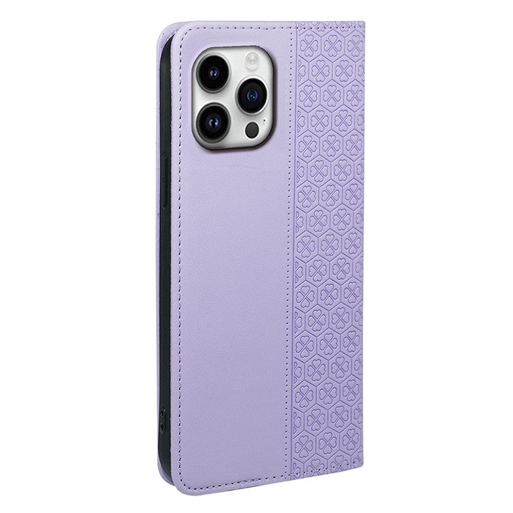 For iPhone 16 Pro Case Four-Leaf Clover Leather Flip Phone Cover Stand Wallet - Light Purple