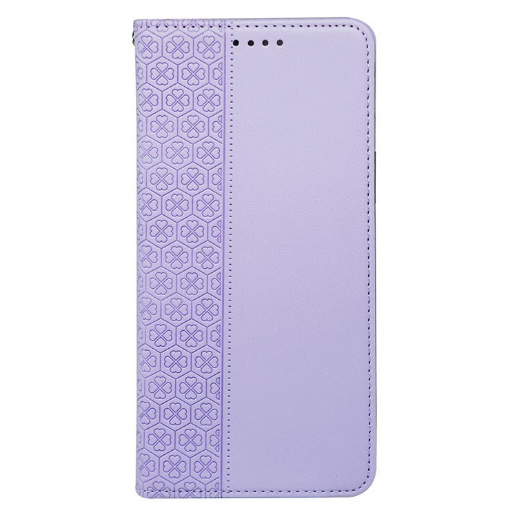 For iPhone 16 Pro Case Four-Leaf Clover Leather Flip Phone Cover Stand Wallet - Light Purple