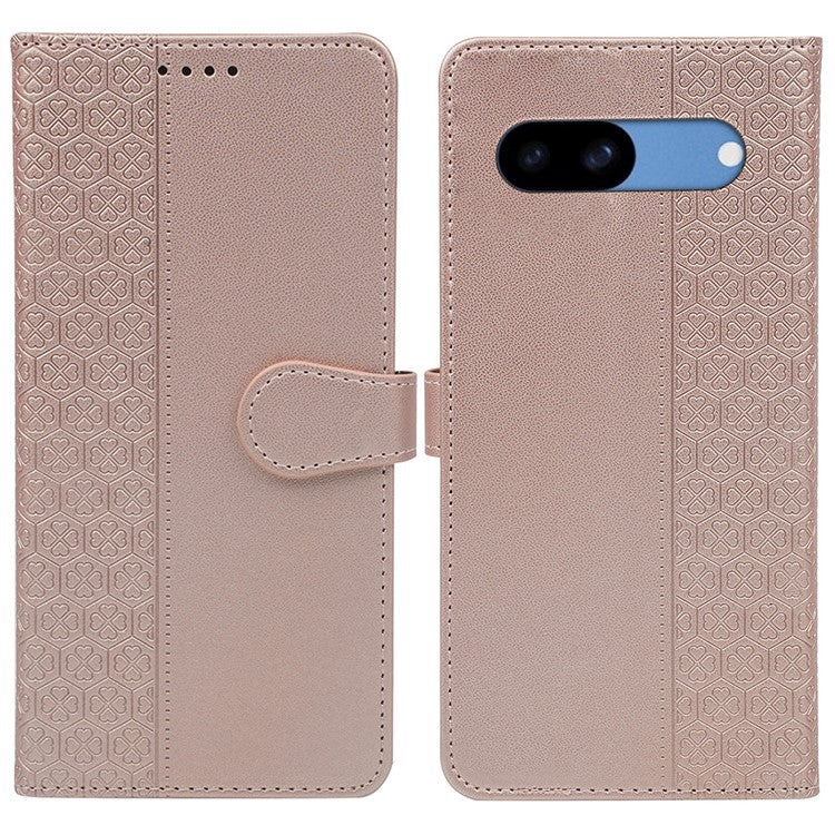 For Google Pixel 8a Case Magnetic Clasp Four-Leaf Clover Leather Phone Cover - Rose Gold