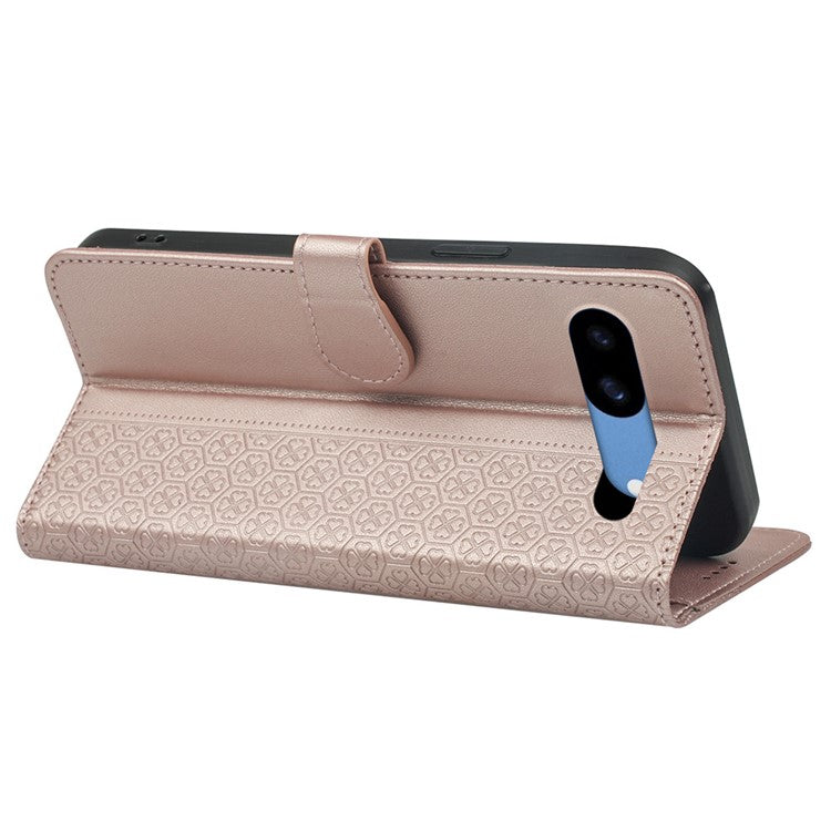 For Google Pixel 8a Case Magnetic Clasp Four-Leaf Clover Leather Phone Cover - Rose Gold