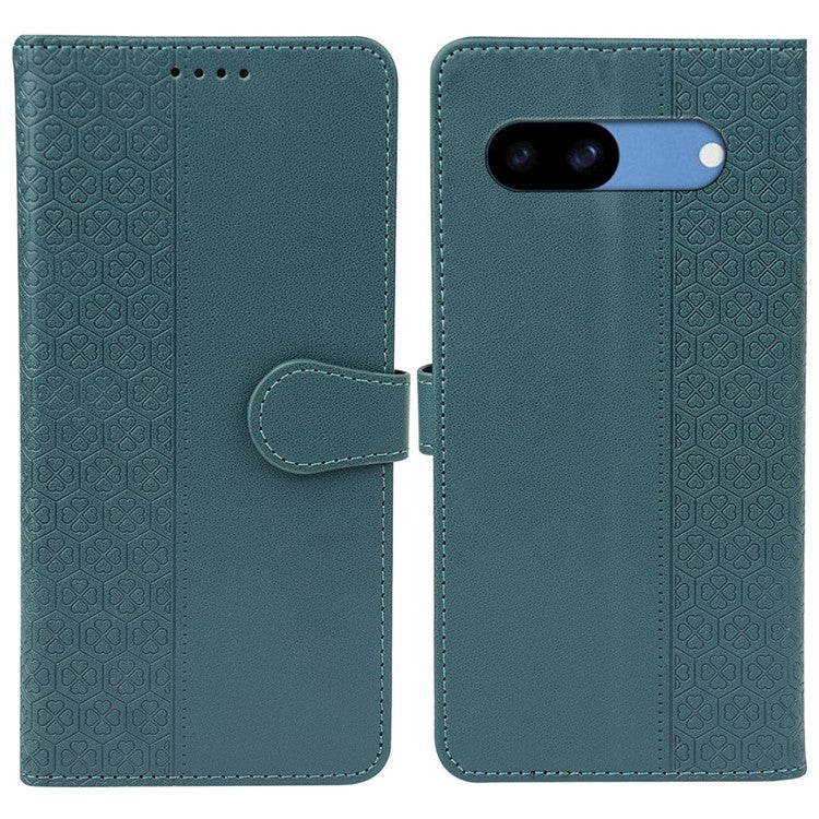 For Google Pixel 8a Case Magnetic Clasp Four-Leaf Clover Leather Phone Cover - Green