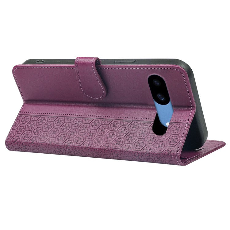 For Google Pixel 8a Case Magnetic Clasp Four-Leaf Clover Leather Phone Cover - Dark Purple