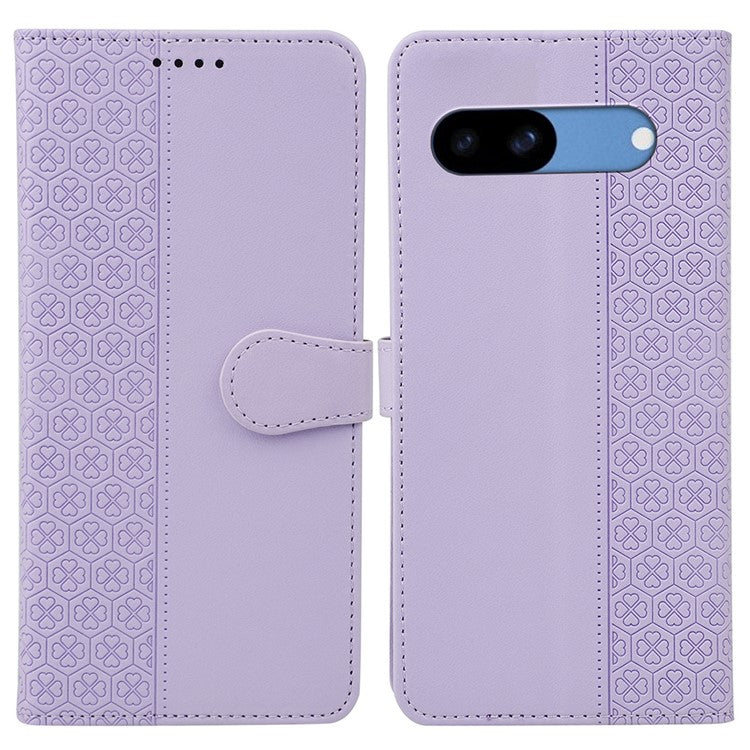 For Google Pixel 8a Case Magnetic Clasp Four-Leaf Clover Leather Phone Cover - Light Purple