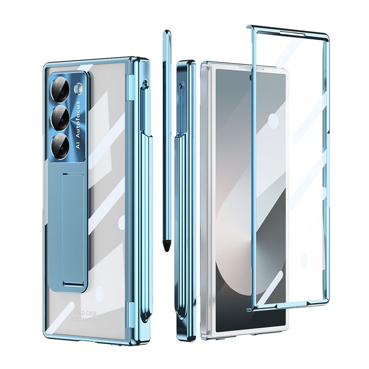 For Samsung Galaxy Z Fold6 5G Case Stylus Slot Hinge Kickstand PC Cover with Screen Film / Stylus - Blue