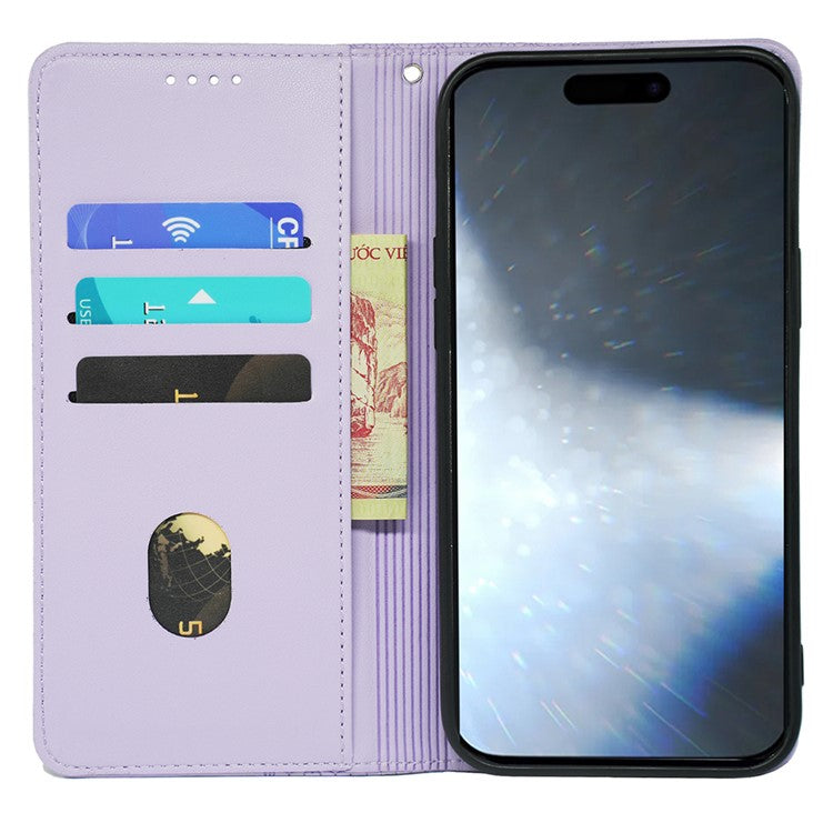 For iPhone 16 Plus Case Four-Leaf Clover Leather Flip Phone Cover Stand Wallet - Light Purple