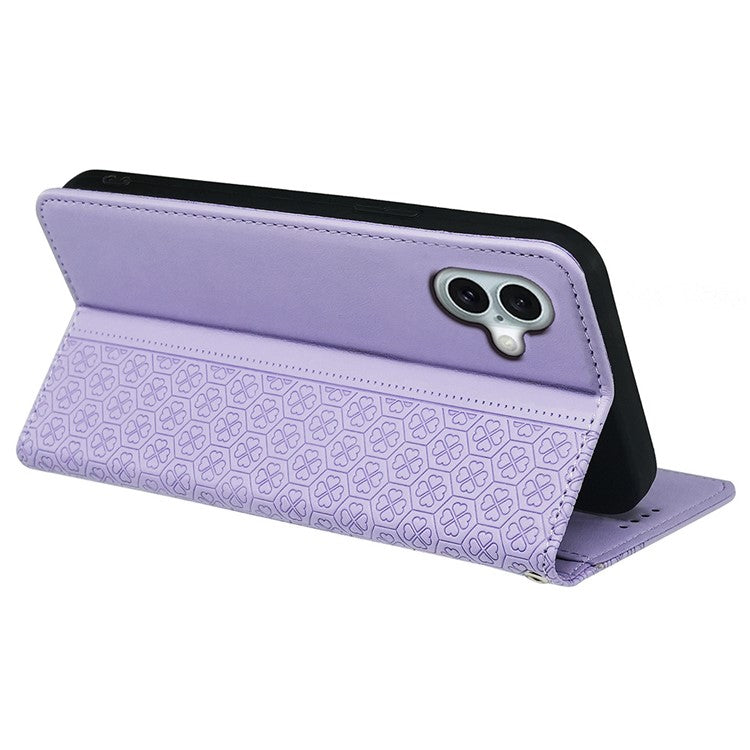 For iPhone 16 Plus Case Four-Leaf Clover Leather Flip Phone Cover Stand Wallet - Light Purple