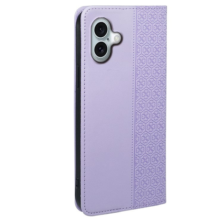 For iPhone 16 Plus Case Four-Leaf Clover Leather Flip Phone Cover Stand Wallet - Light Purple
