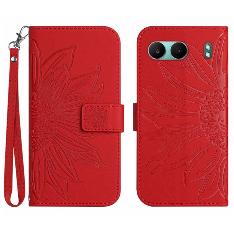 HT04 For OnePlus Nord 4 Case Sunflower Imprint Leather Wallet Phone Cover with Wrist Strap - Red
