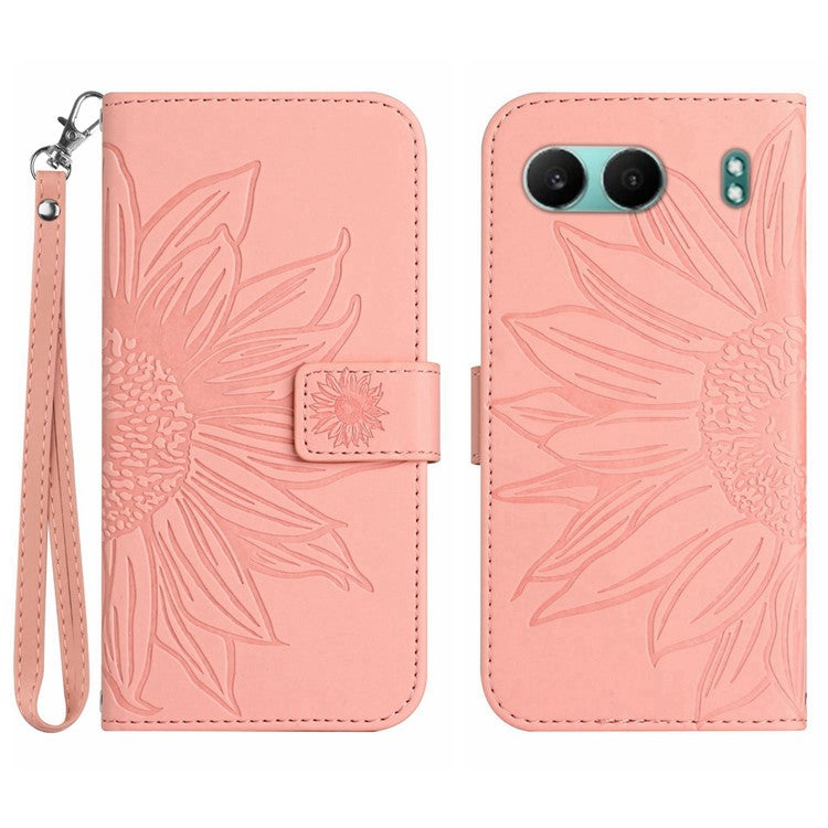 HT04 For OnePlus Nord 4 Case Sunflower Imprint Leather Wallet Phone Cover with Wrist Strap - Light Pink