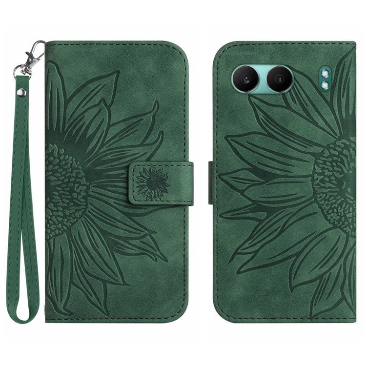 HT04 For OnePlus Nord 4 Case Sunflower Imprint Leather Wallet Phone Cover with Wrist Strap - Dark Green