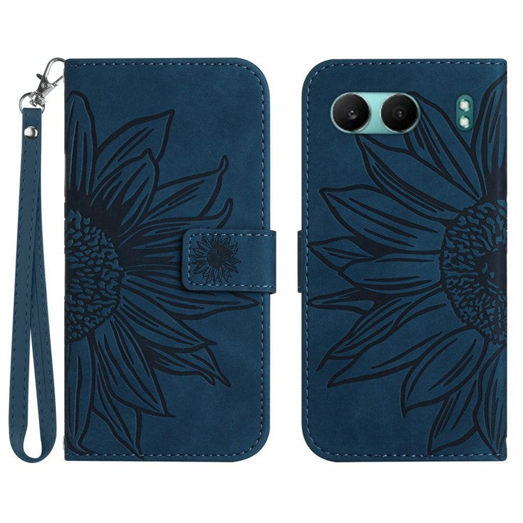 HT04 For OnePlus Nord 4 Case Sunflower Imprint Leather Wallet Phone Cover with Wrist Strap - Dark Blue