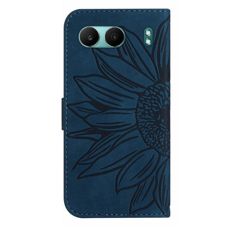 HT04 For OnePlus Nord 4 Case Sunflower Imprint Leather Wallet Phone Cover with Wrist Strap - Dark Blue