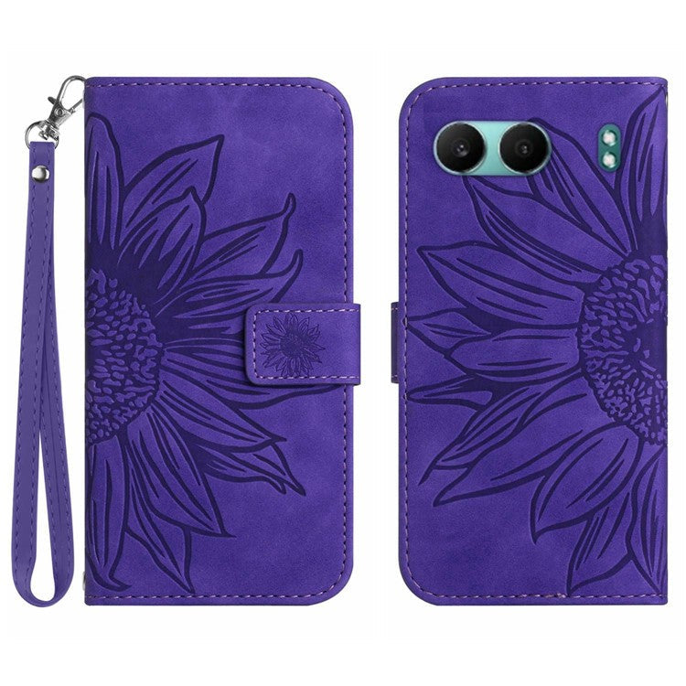 HT04 For OnePlus Nord 4 Case Sunflower Imprint Leather Wallet Phone Cover with Wrist Strap - Dark Purple