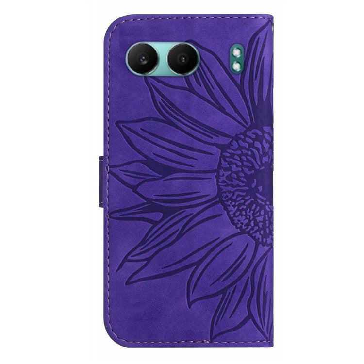 HT04 For OnePlus Nord 4 Case Sunflower Imprint Leather Wallet Phone Cover with Wrist Strap - Dark Purple