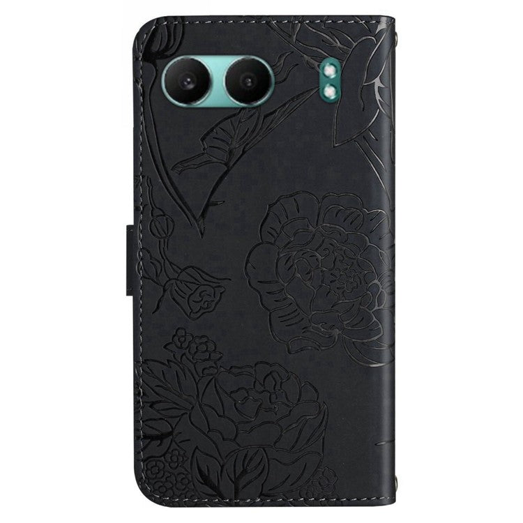 HT03 For OnePlus Nord 4 Phone Case Butterfly Flower Imprint Leather Cover with Strap - Black