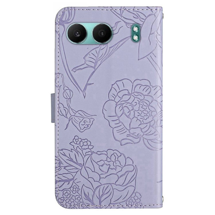HT03 For OnePlus Nord 4 Phone Case Butterfly Flower Imprint Leather Cover with Strap - Purple