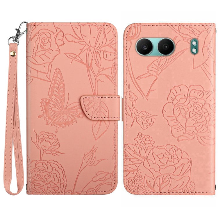 HT03 For OnePlus Nord 4 Phone Case Butterfly Flower Imprint Leather Cover with Strap - Pink