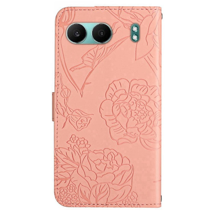 HT03 For OnePlus Nord 4 Phone Case Butterfly Flower Imprint Leather Cover with Strap - Pink