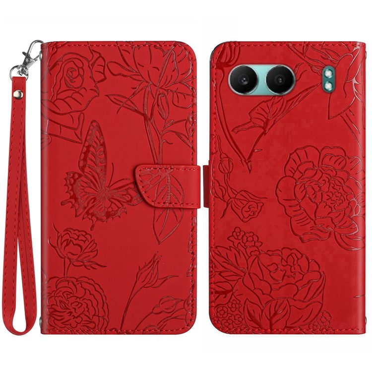 HT03 For OnePlus Nord 4 Phone Case Butterfly Flower Imprint Leather Cover with Strap - Red