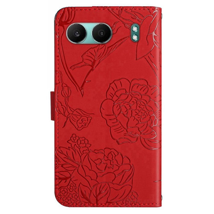 HT03 For OnePlus Nord 4 Phone Case Butterfly Flower Imprint Leather Cover with Strap - Red