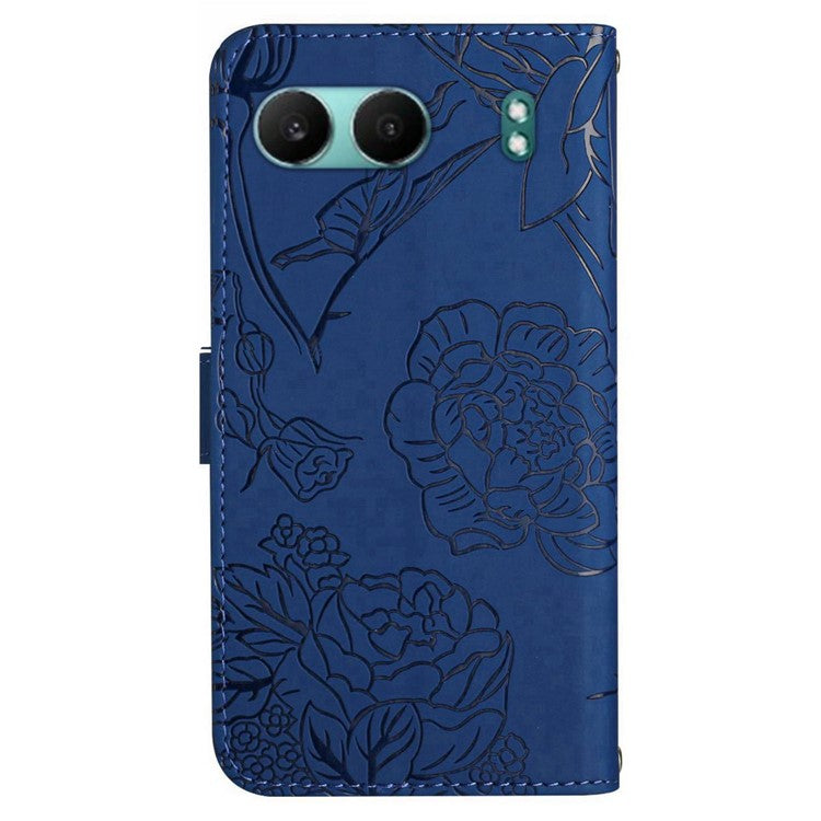 HT03 For OnePlus Nord 4 Phone Case Butterfly Flower Imprint Leather Cover with Strap - Blue