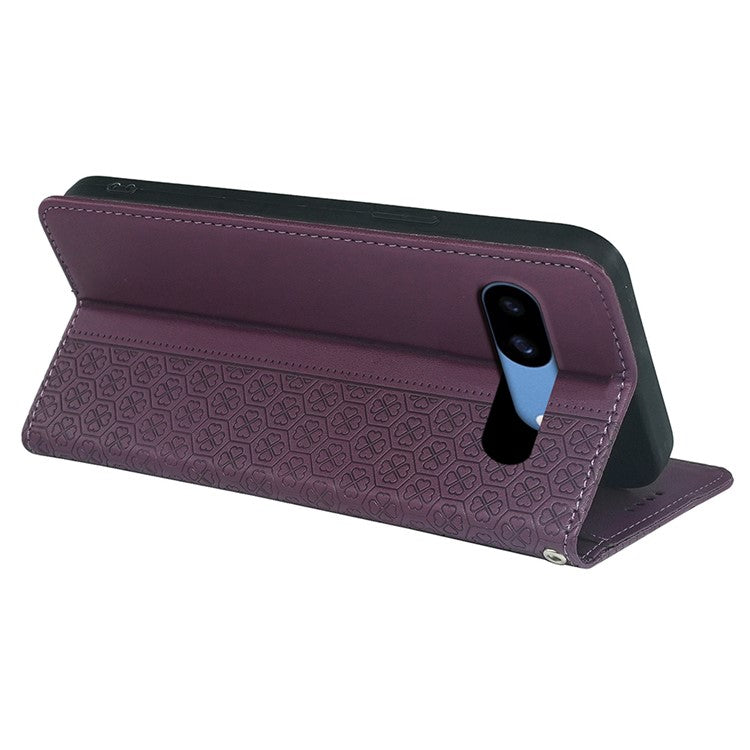 For Google Pixel 8a Case Four-Leaf Clover Leather Flip Phone Cover Stand Wallet - Dark Purple
