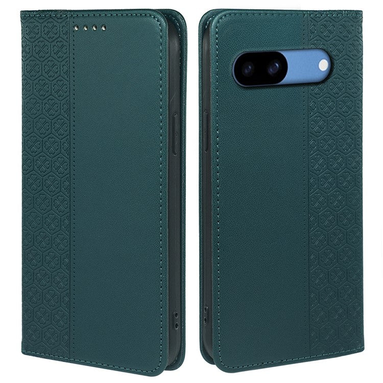 For Google Pixel 8a Case Four-Leaf Clover Leather Flip Phone Cover Stand Wallet - Green