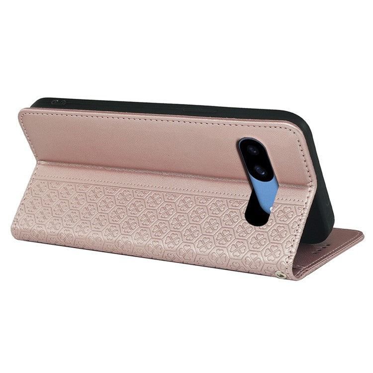 For Google Pixel 8a Case Four-Leaf Clover Leather Flip Phone Cover Stand Wallet - Rose Gold