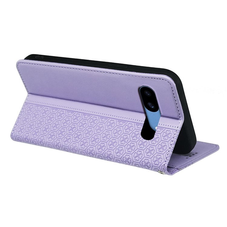 For Google Pixel 8a Case Four-Leaf Clover Leather Flip Phone Cover Stand Wallet - Light Purple
